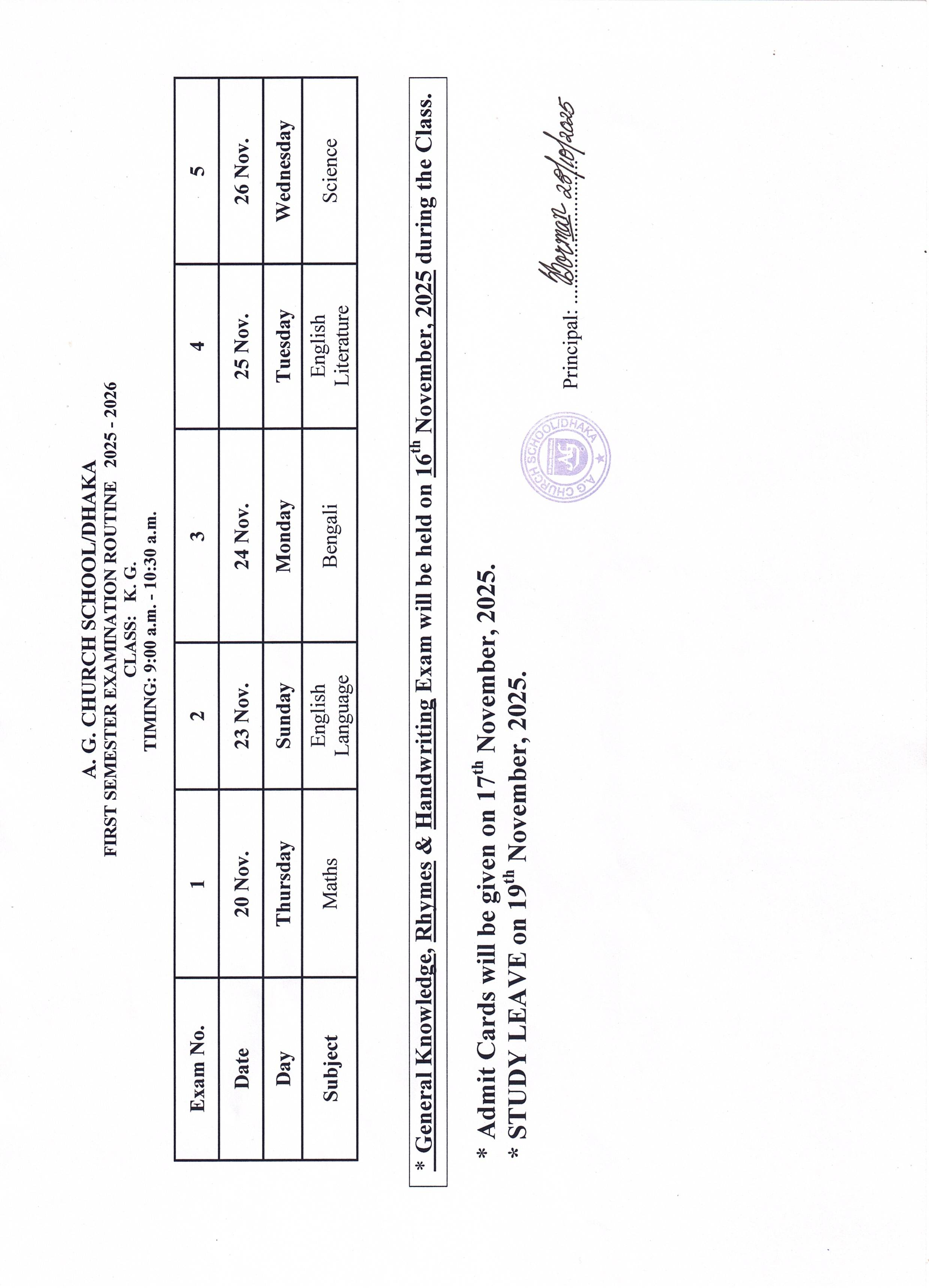 First Semester 2025-2026 English Medium Class KG